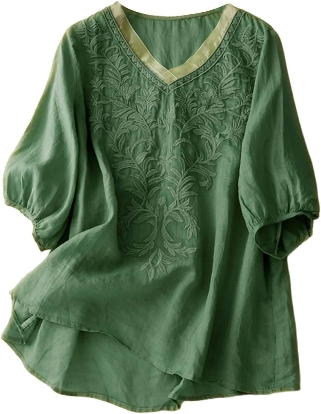 Cotton Linen Shirts for Women 2025 Floral Embroidered Tops Boho Ethnic Women 3/4 Sleeve V Neck Button Tunic Tshirt