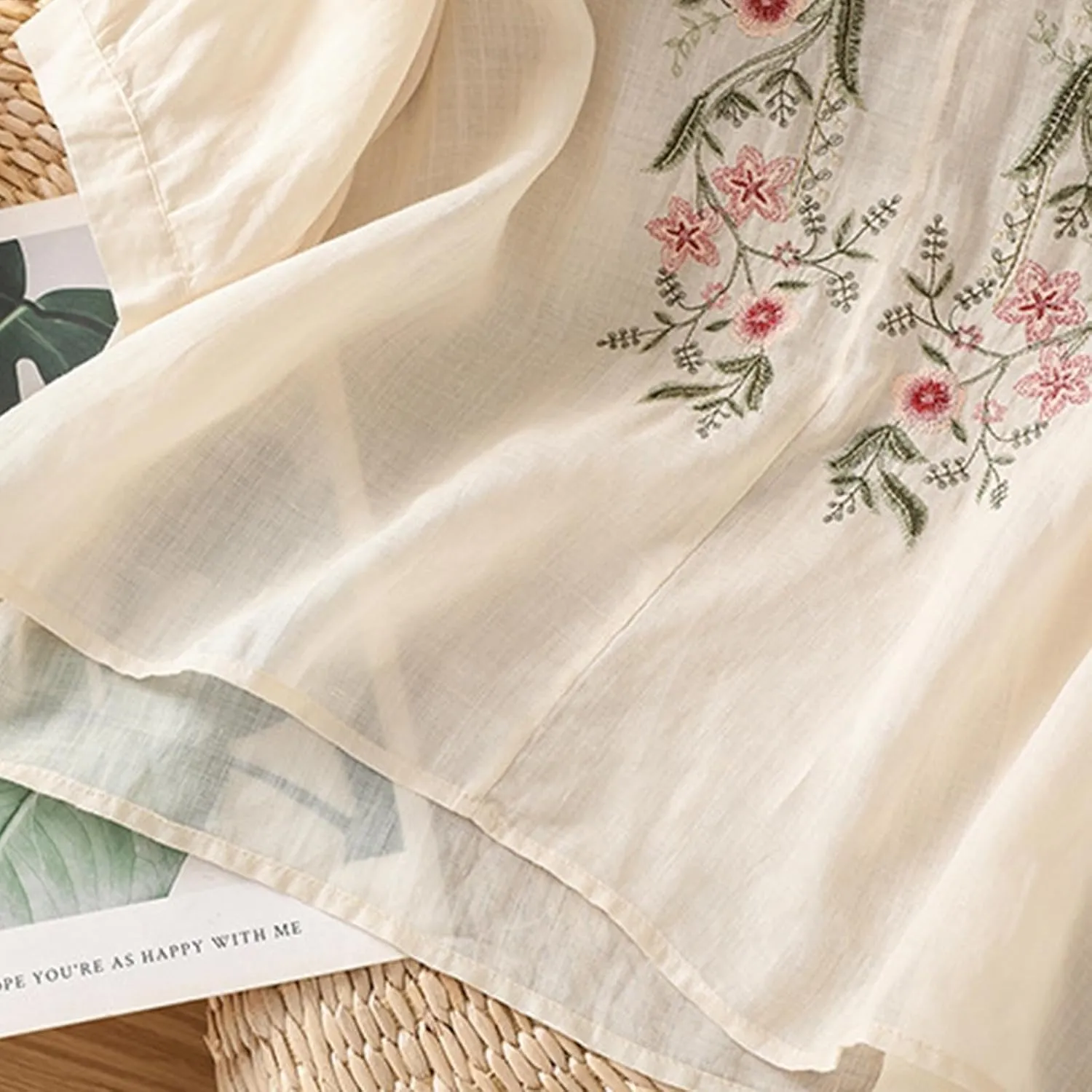 Cotton Linen Shirts for Women 2025 Floral Embroidered Tops Boho Ethnic Women 3/4 Sleeve V Neck Button Tunic Tshirt