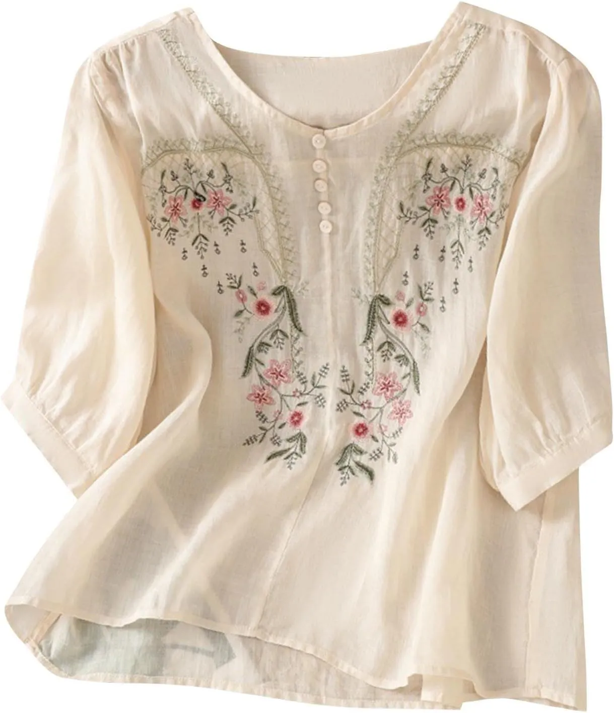 Cotton Linen Shirts for Women 2025 Floral Embroidered Tops Boho Ethnic Women 3/4 Sleeve V Neck Button Tunic Tshirt