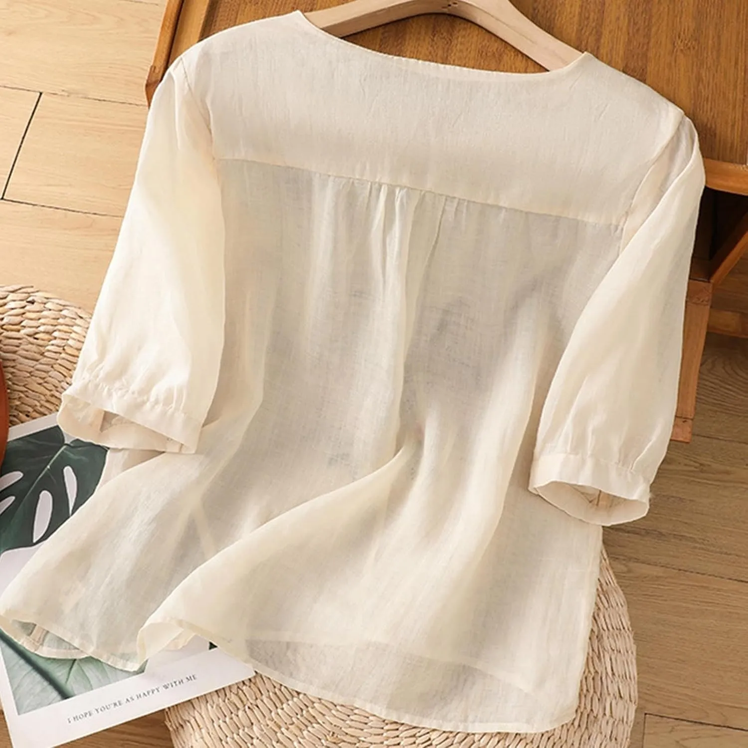 Cotton Linen Shirts for Women 2025 Floral Embroidered Tops Boho Ethnic Women 3/4 Sleeve V Neck Button Tunic Tshirt