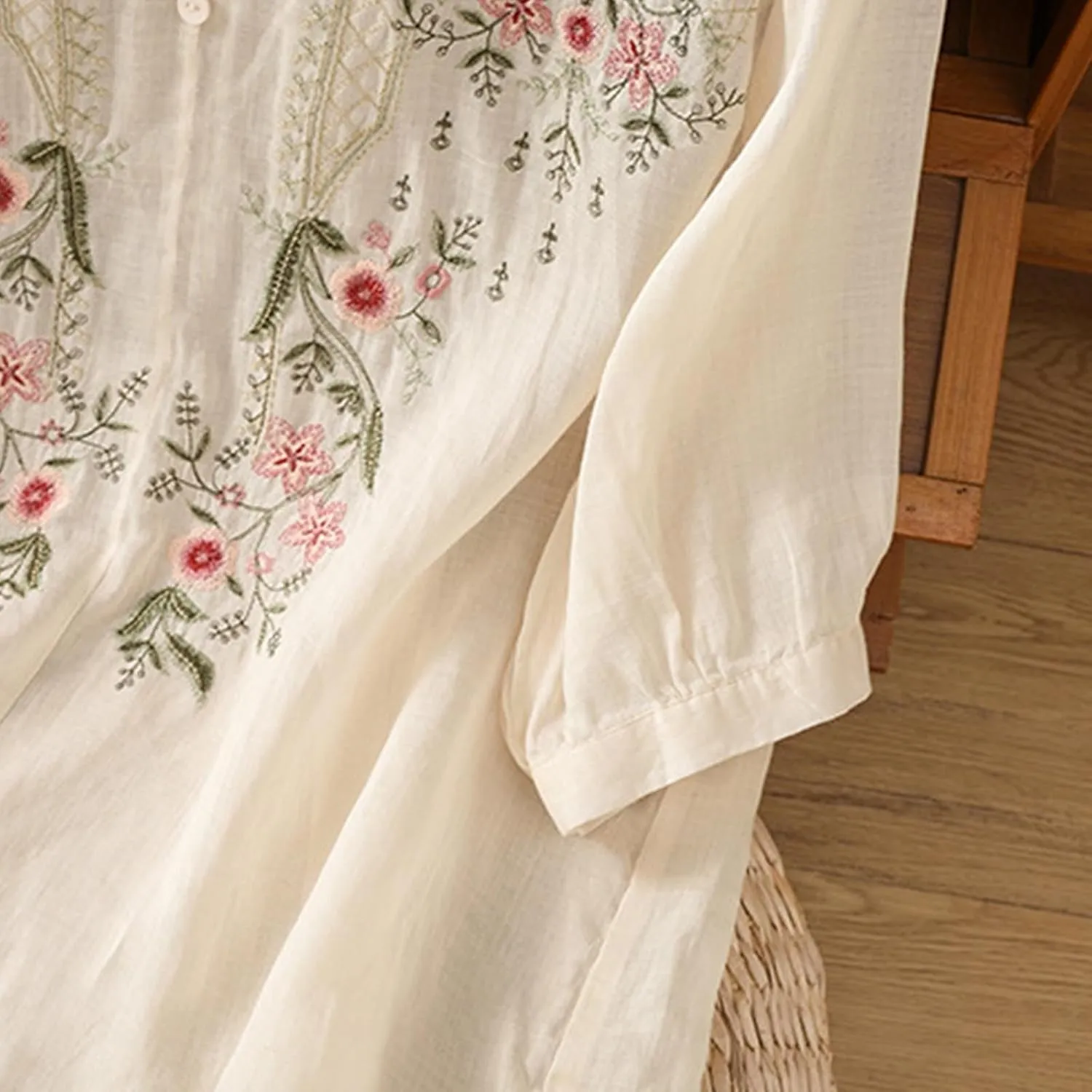 Cotton Linen Shirts for Women 2025 Floral Embroidered Tops Boho Ethnic Women 3/4 Sleeve V Neck Button Tunic Tshirt