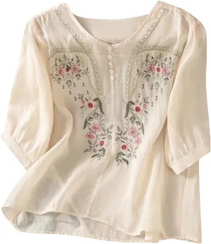 Cotton Linen Shirts for Women 2025 Floral Embroidered Tops Boho Ethnic Women 3/4 Sleeve V Neck Button Tunic Tshirt