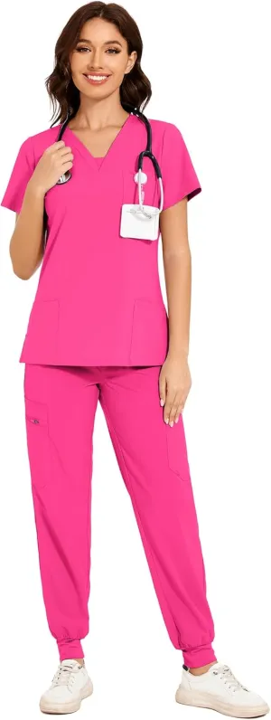 COZYFIT Scrubs for Women - V-Neck Top & Cargo Pants Scrubs Set with 10 Pockets