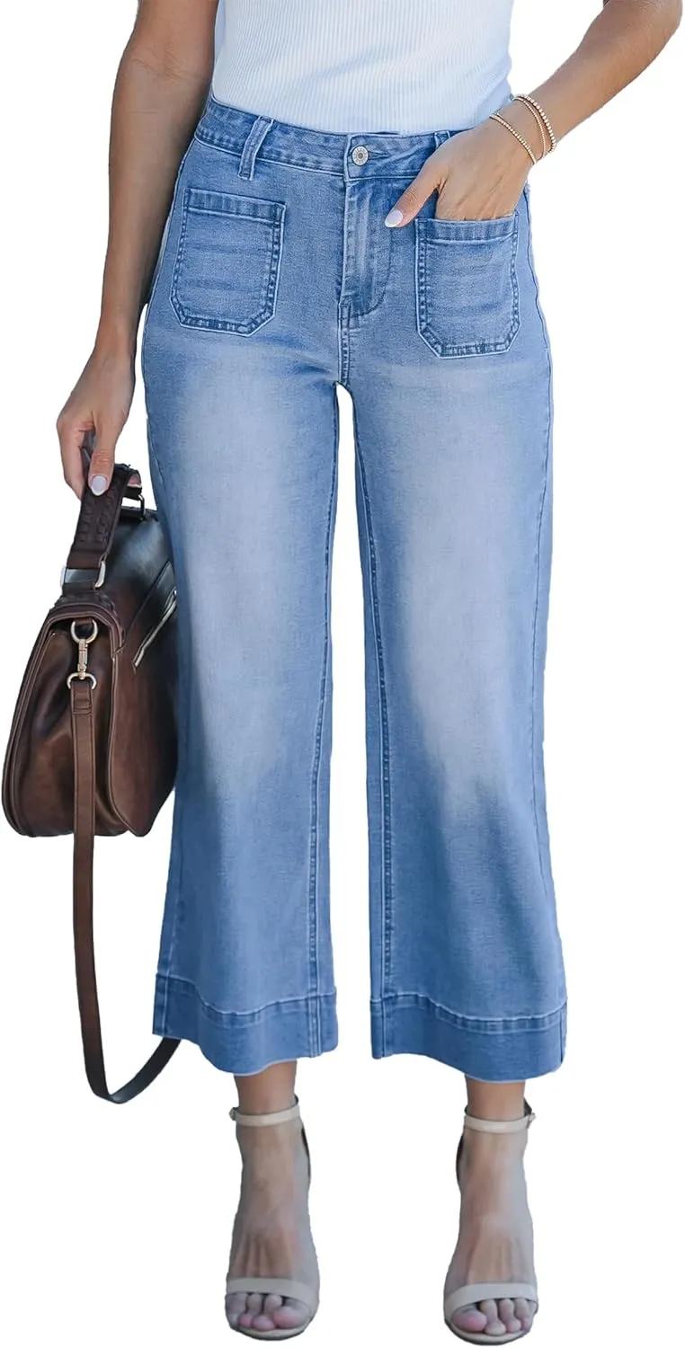 Cropped Jeans for Women Wide Leg High Waisted Denim Pants Trendy