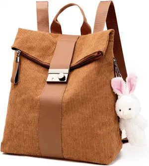 Cute Backpack Purses Corduroy Small Fashion Minimalist Travel Bag Daypack Shoulder Bag Satchel Handbag, Dark Brown, One Size