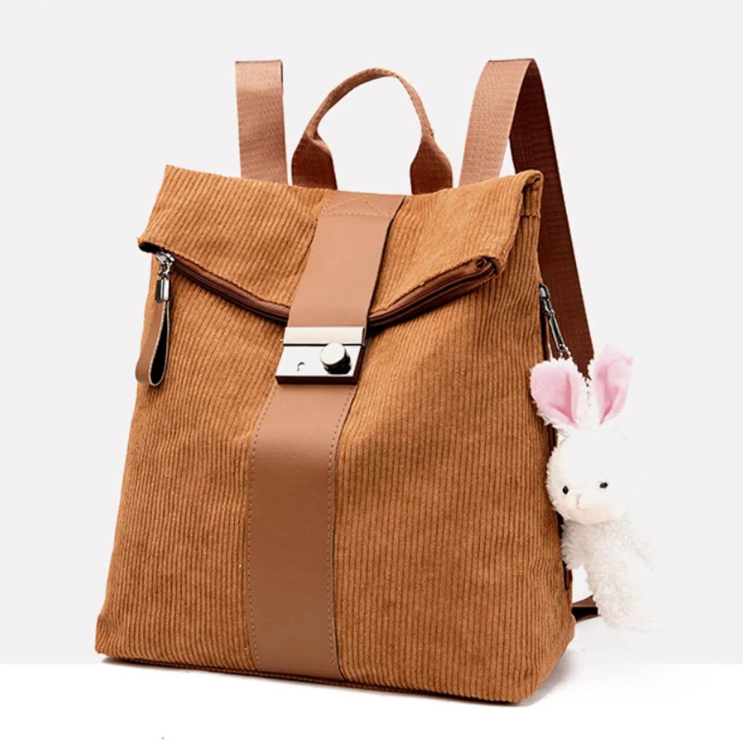 Cute Backpack Purses Corduroy Small Fashion Minimalist Travel Bag Daypack Shoulder Bag Satchel Handbag, Dark Brown, One Size
