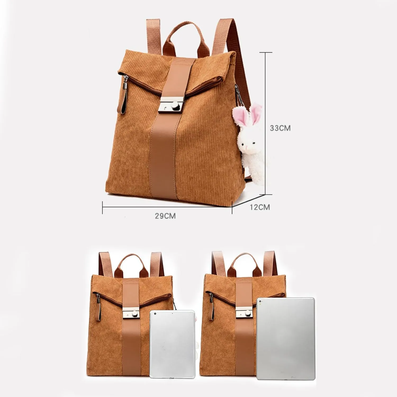Cute Backpack Purses Corduroy Small Fashion Minimalist Travel Bag Daypack Shoulder Bag Satchel Handbag, Dark Brown, One Size
