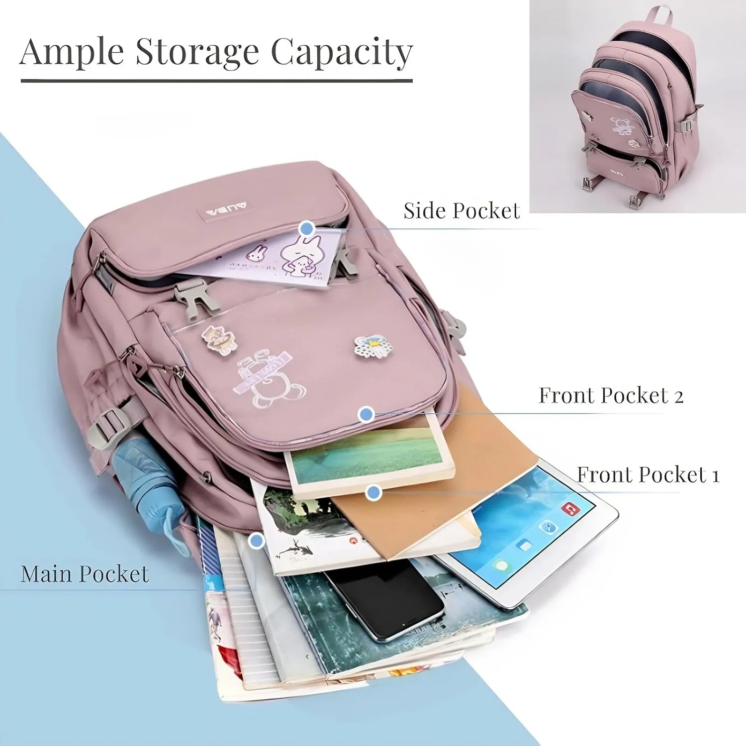 Cute School Laptop Backpack with Large Capacity Multiple Pockets for Girls Travel Friendly with Luggage Strap Accessory Included (Blue)