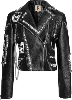 DARKSHE Women's Faux Leather PU Jacket, Graffiti Studded Rivet Punk Biker Moto Fashion Coat with Long Sleeve