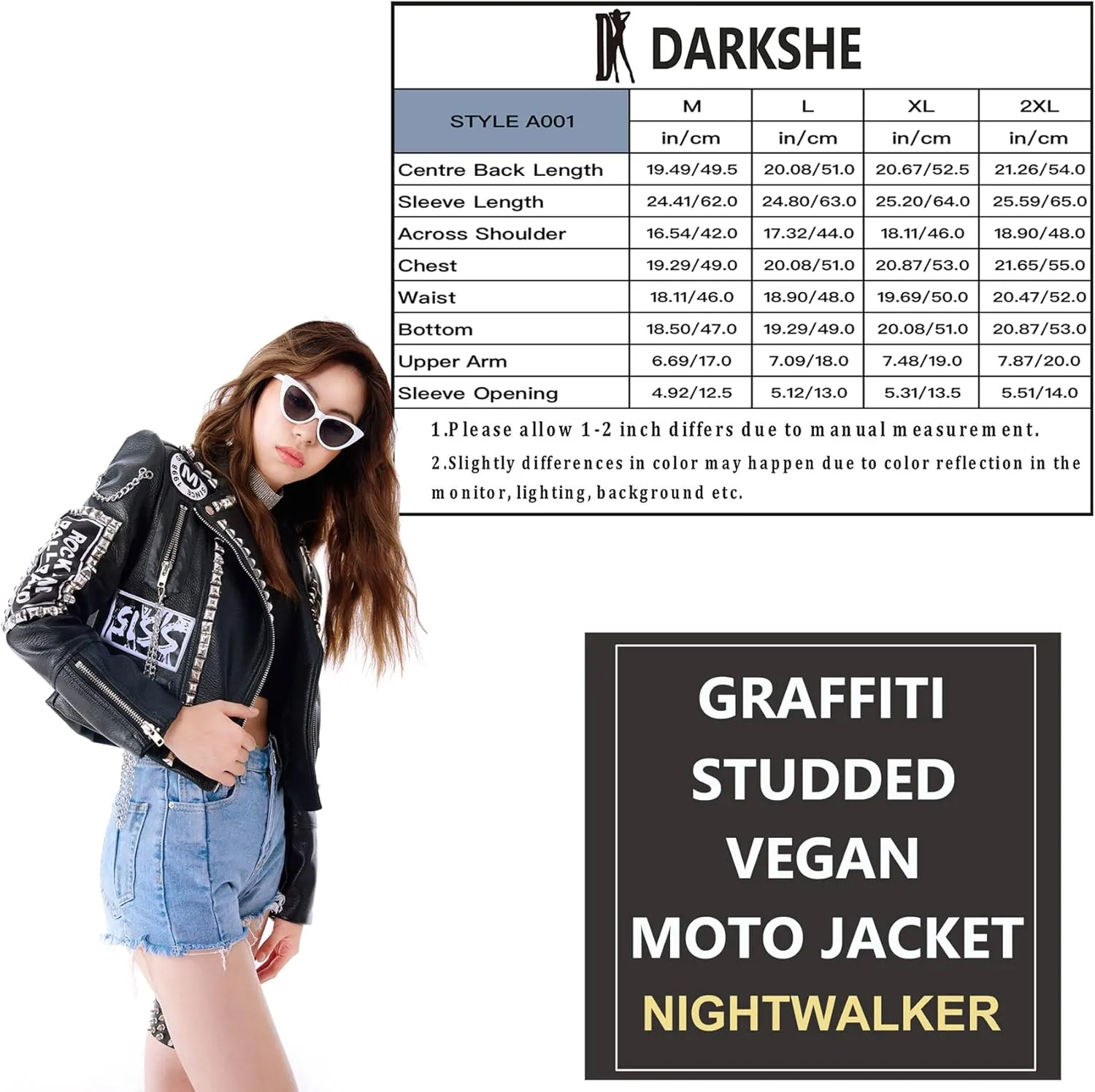 DARKSHE Women's Faux Leather PU Jacket, Graffiti Studded Rivet Punk Biker Moto Fashion Coat with Long Sleeve