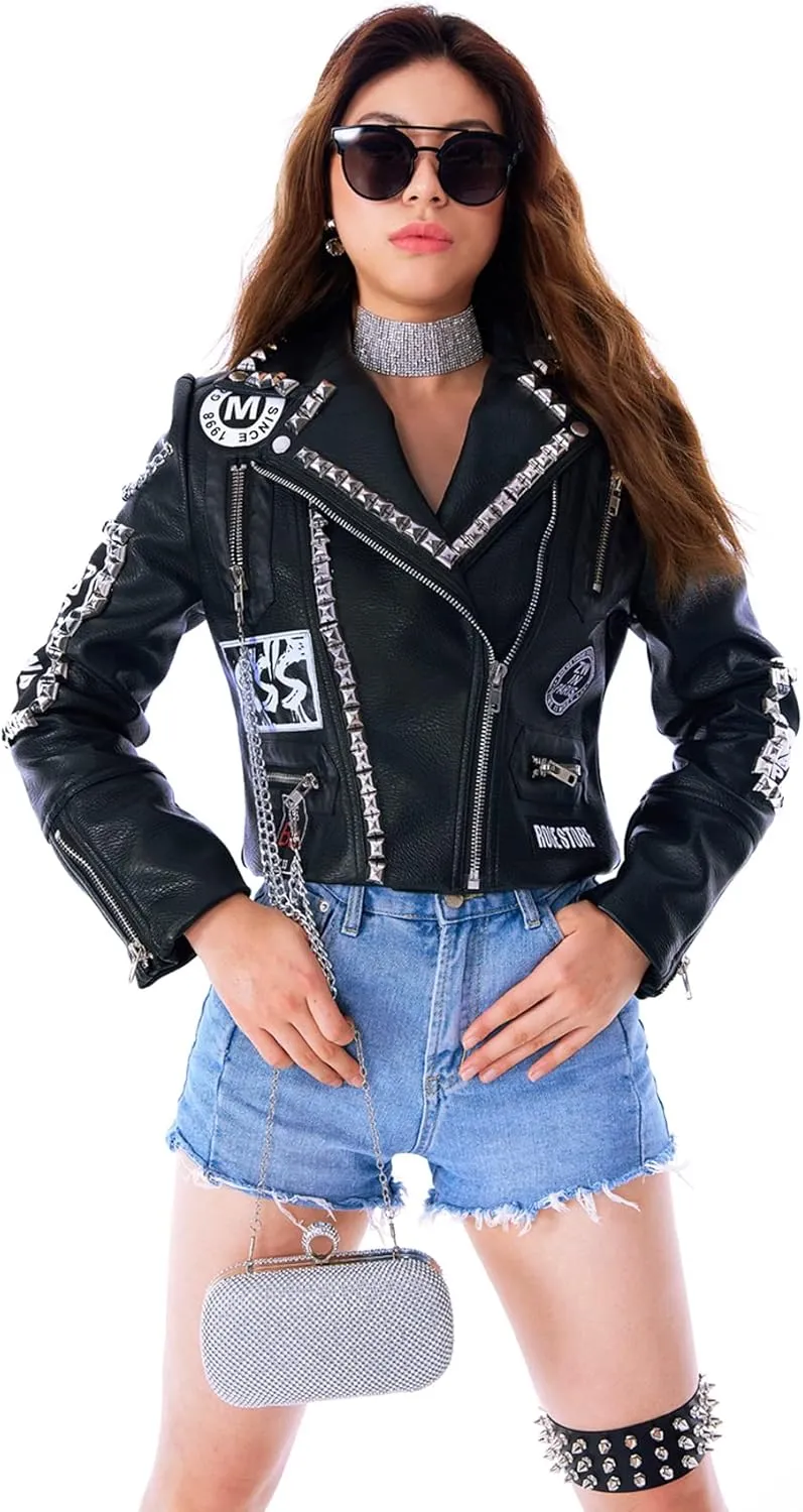 DARKSHE Women's Faux Leather PU Jacket, Graffiti Studded Rivet Punk Biker Moto Fashion Coat with Long Sleeve