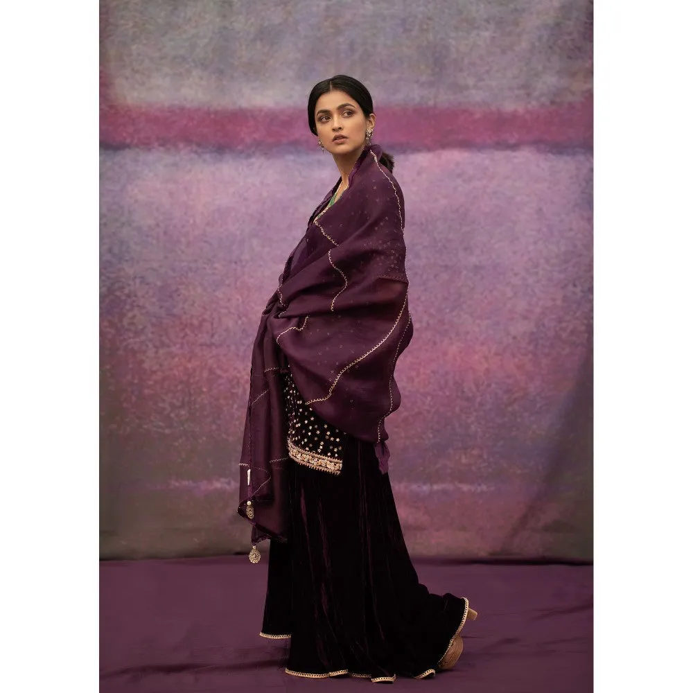 DEEPTHEE Purple Hand Embroidered Short Kurta with Sharara & Dupatta (Set of 3)