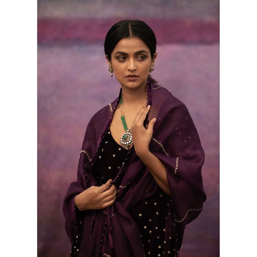 DEEPTHEE Purple Hand Embroidered Short Kurta with Sharara & Dupatta (Set of 3)
