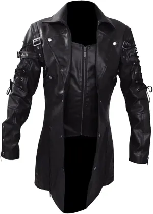 DGHM-JLMY Men Steampunk Medieval Jacket Gothic Frock Coat Uniform Motorcycle Biker Coat Faux Pu Leather Jacket Overcoat