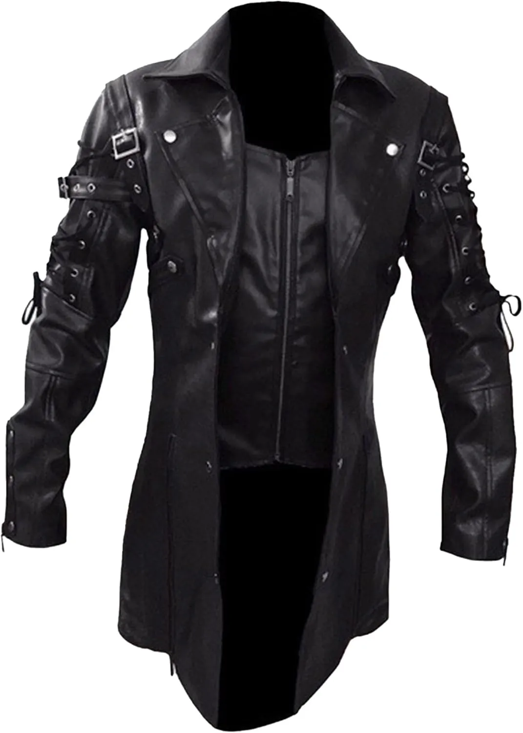 DGHM-JLMY Men Steampunk Medieval Jacket Gothic Frock Coat Uniform Motorcycle Biker Coat Faux Pu Leather Jacket Overcoat