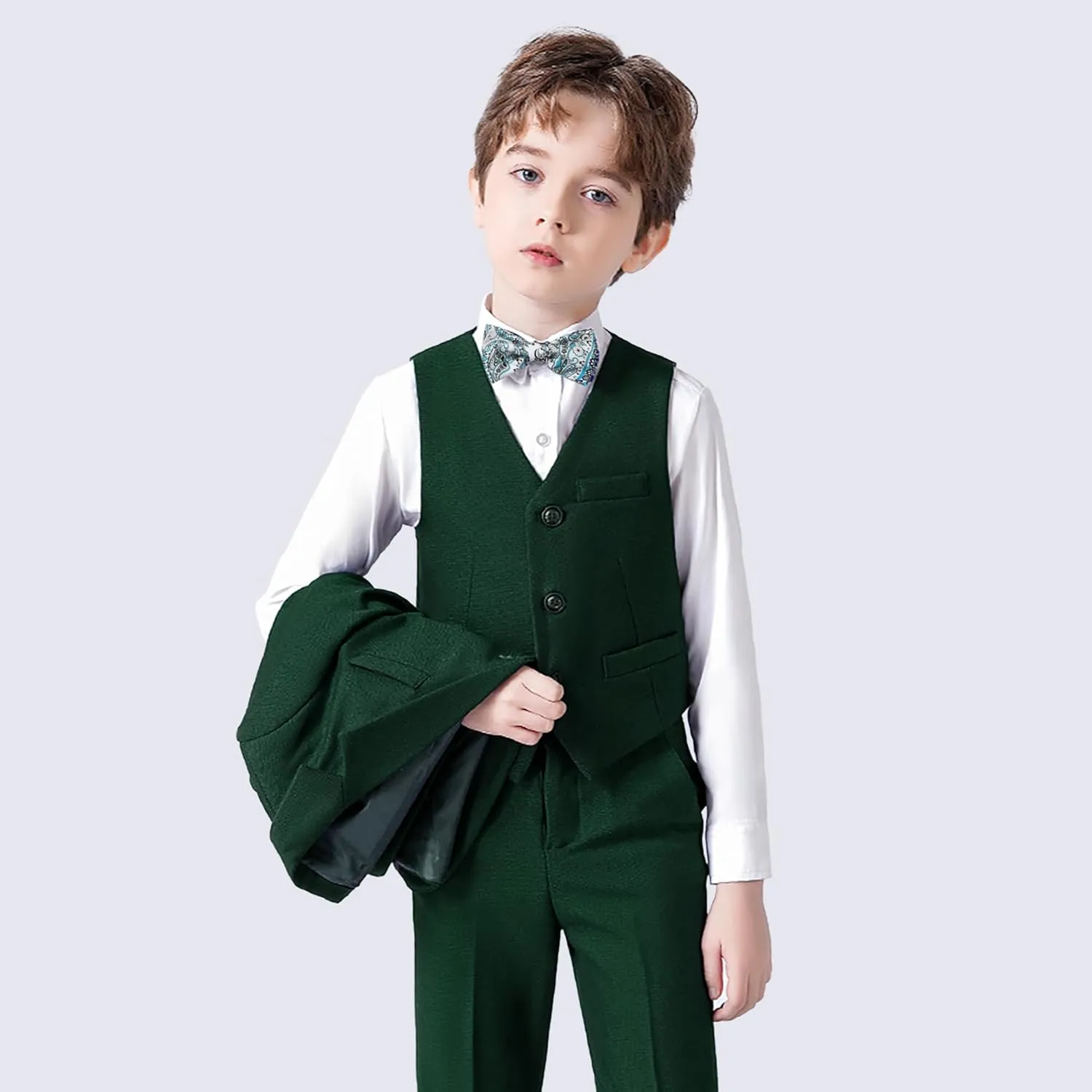 DISAUR Boy Suit 6 Pcs Boy Formal Wear Including Vest,Pants, Dress Shirt,Kerchief and Bow Tie for Formal Occasions 6-10 Years
