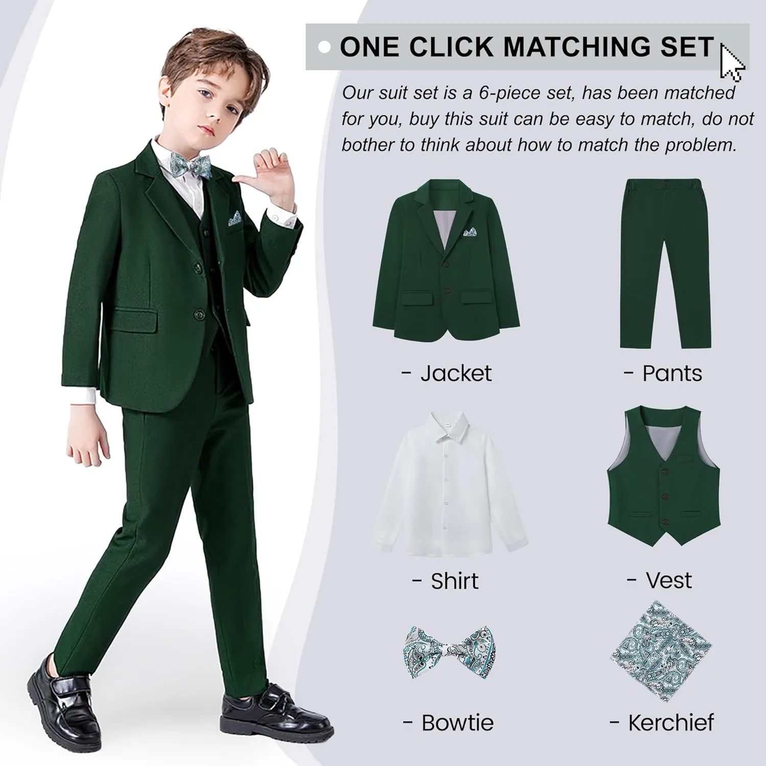 DISAUR Boy Suit 6 Pcs Boy Formal Wear Including Vest,Pants, Dress Shirt,Kerchief and Bow Tie for Formal Occasions 6-10 Years