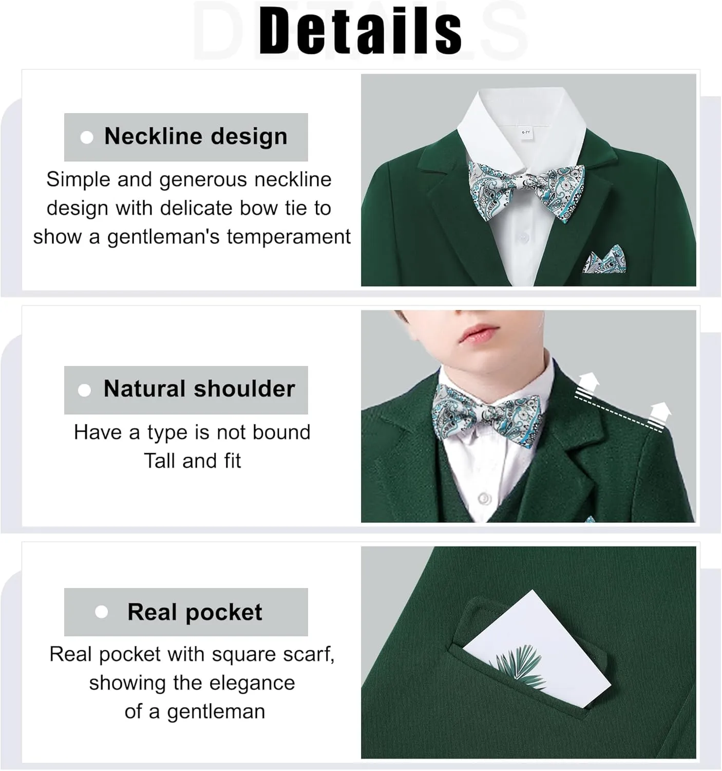 DISAUR Boy Suit 6 Pcs Boy Formal Wear Including Vest,Pants, Dress Shirt,Kerchief and Bow Tie for Formal Occasions 6-10 Years