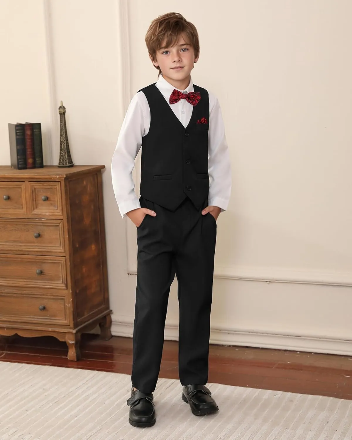 DISAUR Boy Suits 5 Pcs Slim Fit Suit Including Vest Pants Dress Shirt Bow Tie and kerchief for Formal Occasions 6-10 Years