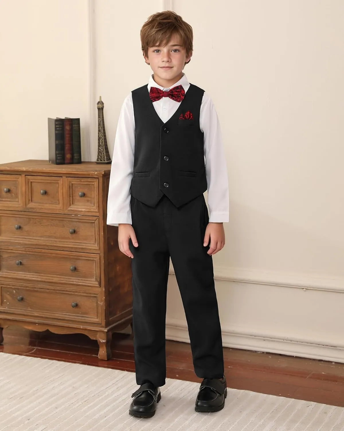DISAUR Boy Suits 5 Pcs Slim Fit Suit Including Vest Pants Dress Shirt Bow Tie and kerchief for Formal Occasions 6-10 Years