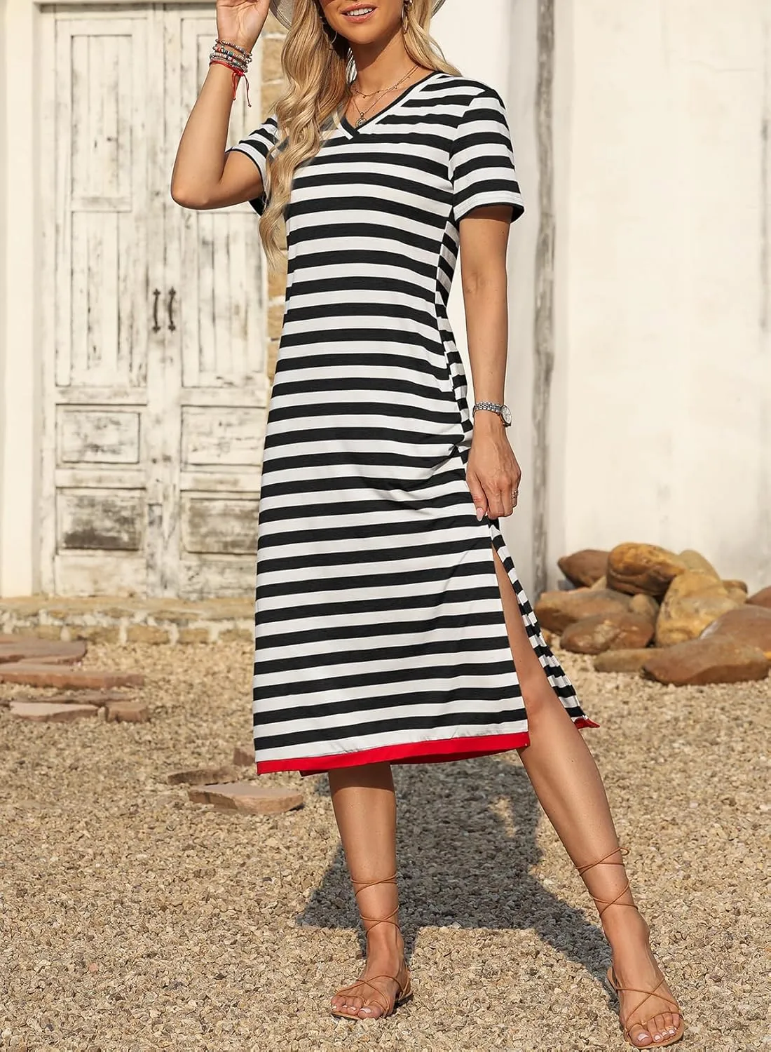 Dokotoo Summer Dress Casual Womens Fashion Short Sleeve Maxi Dress T Shirt Dress Striped Long Color Block Maxi Dress