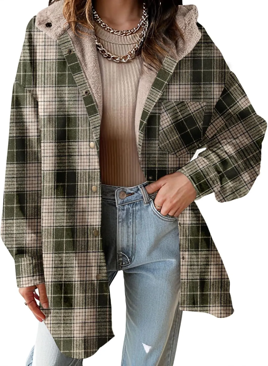 Dokotoo Women's Flannel Hooded Plaid 2024 Shacket Thick Coat Winter Coat for Warmth Button down Warm and Fuzzy Fleece Jacket