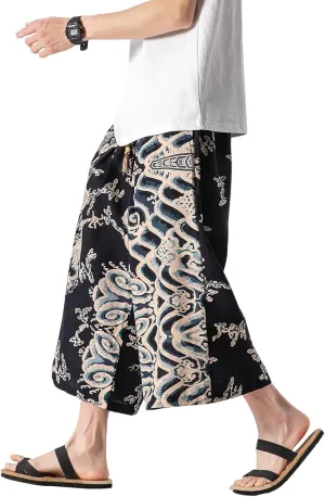 DOSLAVIDA Men's Linen Harem Capri Pants Loose Fit Yoga Beach Shorts Elastic Waist Wide Leg Baggy Cropped Trousers