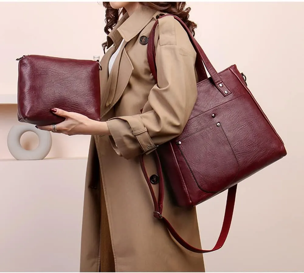 Downupdown Women Handbags and Purse Set Soft Leather Satchel Shoulder Bags Minimalist Ladies Tote Bags Crossbody Bag 2-Pcs