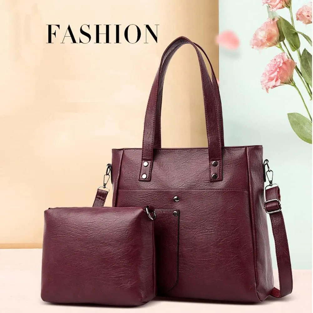 Downupdown Women Handbags and Purse Set Soft Leather Satchel Shoulder Bags Minimalist Ladies Tote Bags Crossbody Bag 2-Pcs