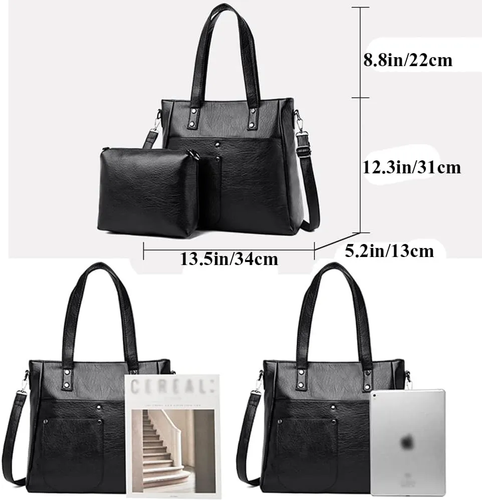 Downupdown Women Handbags and Purse Set Soft Leather Satchel Shoulder Bags Minimalist Ladies Tote Bags Crossbody Bag 2-Pcs