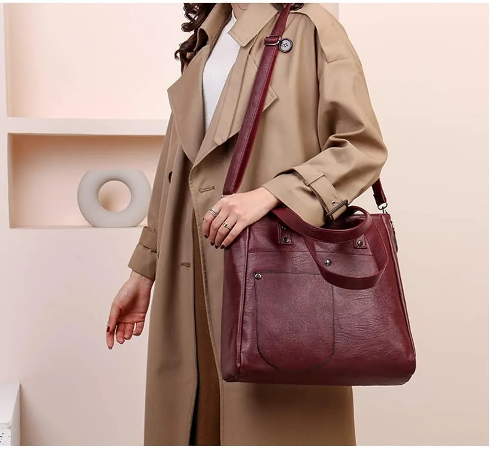 Downupdown Women Handbags and Purse Set Soft Leather Satchel Shoulder Bags Minimalist Ladies Tote Bags Crossbody Bag 2-Pcs