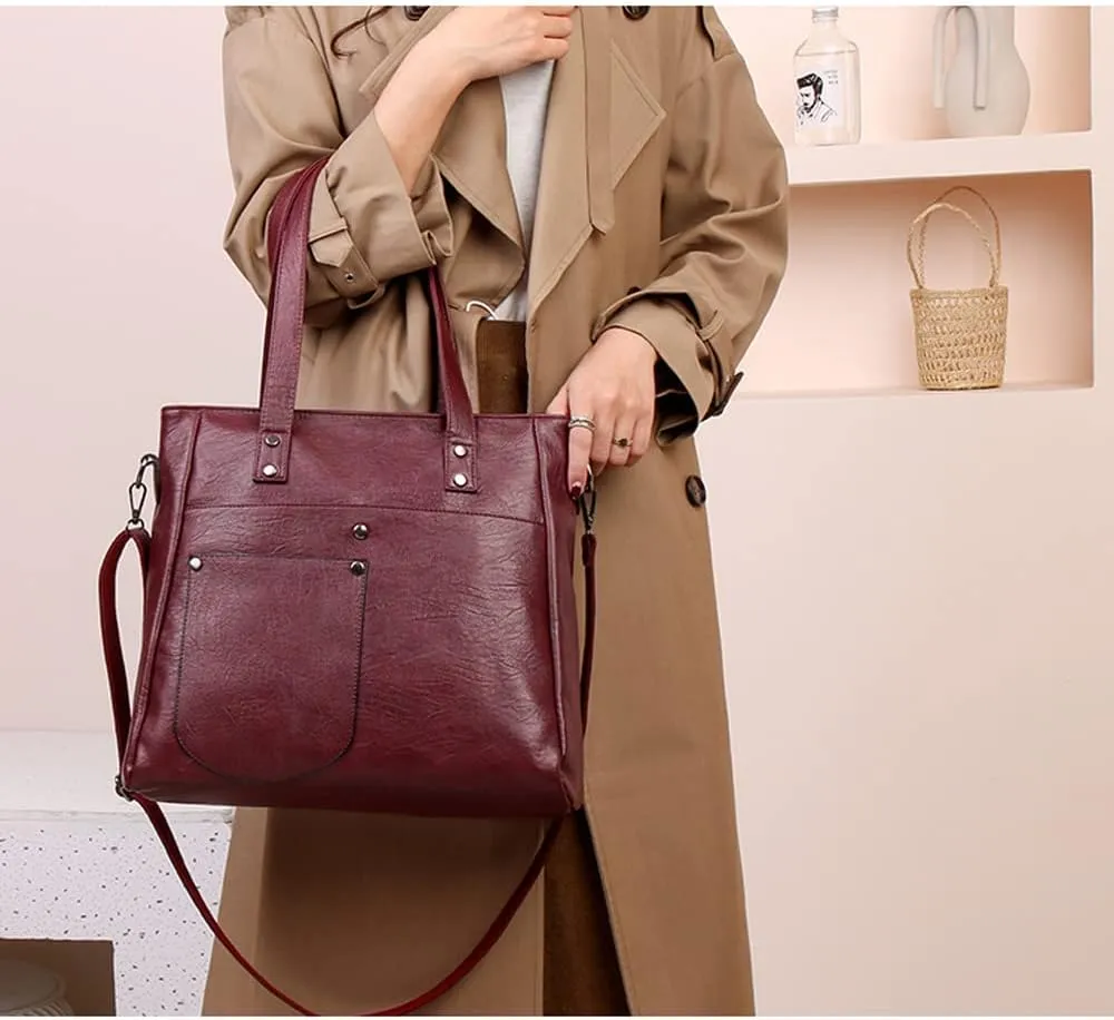 Downupdown Women Handbags and Purse Set Soft Leather Satchel Shoulder Bags Minimalist Ladies Tote Bags Crossbody Bag 2-Pcs