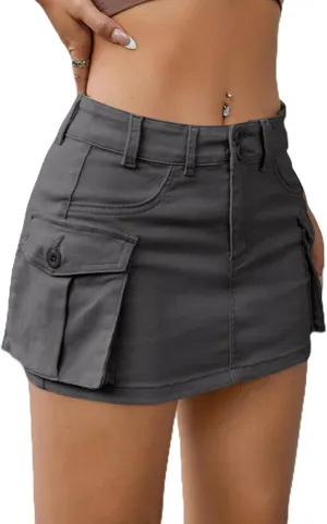 EARKOHA Women's Mini Cargo Skirt Y2K Low Waist Button Short Bodycon Denim Jean With Flap Pockets