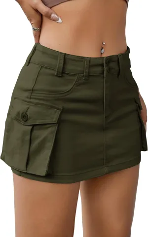 EARKOHA Women's Mini Cargo Skirt Y2K Low Waist Button Short Bodycon Denim Jean With Flap Pockets