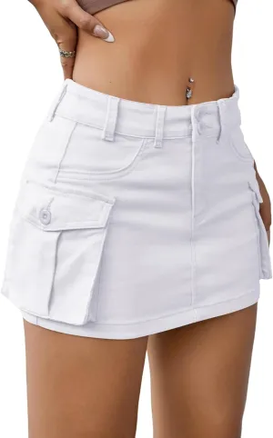 EARKOHA Women's Mini Cargo Skirt Y2K Low Waist Button Short Bodycon Denim Jean With Flap Pockets