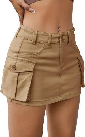EARKOHA Women's Mini Cargo Skirt Y2K Low Waist Button Short Bodycon Denim Jean With Flap Pockets