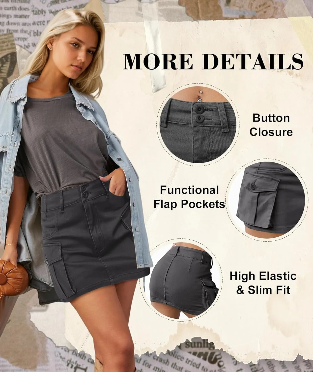 EARKOHA Women's Mini Cargo Skirt Y2K Low Waist Button Short Bodycon Denim Jean With Flap Pockets