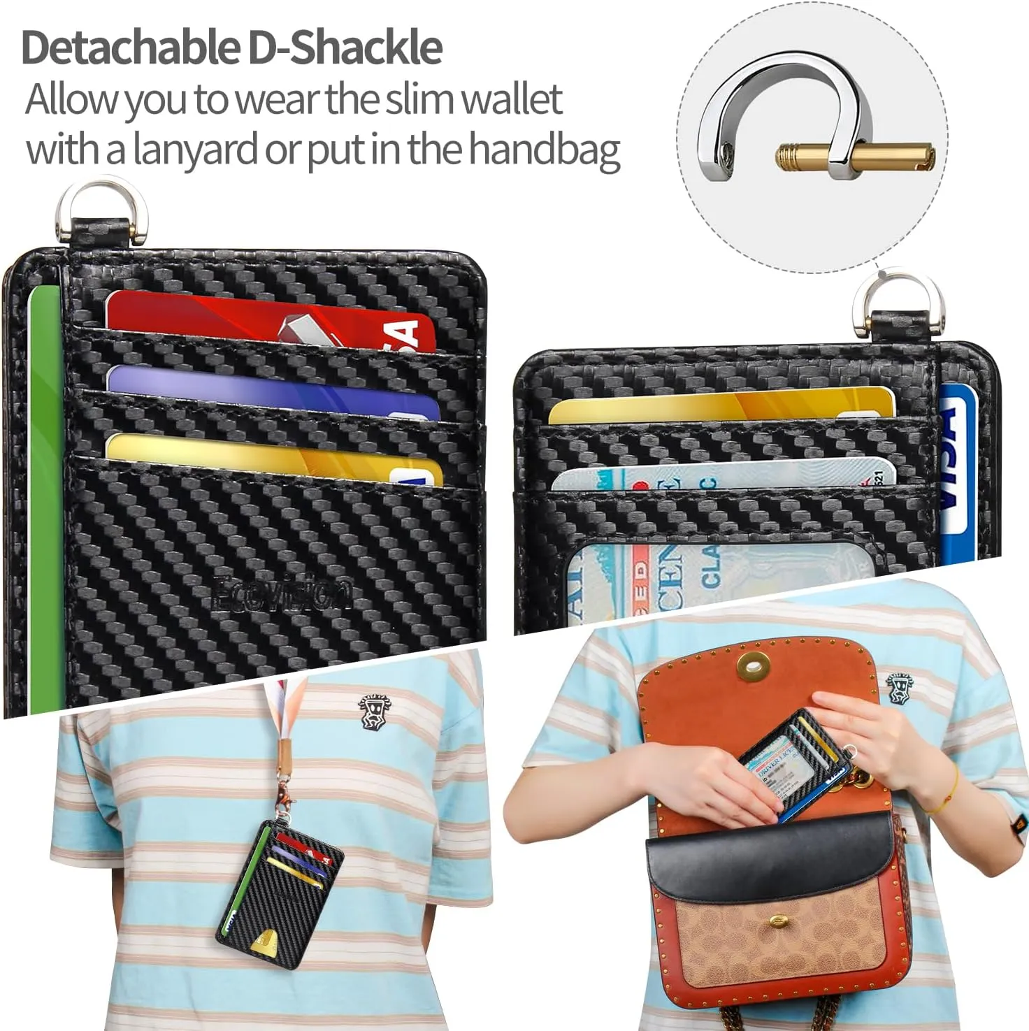 EcoVision Slim Minimalist Front Pocket Wallet, RFID Blocking Credit Card Holder Wallet with Detachable D-Shackle for Men Women