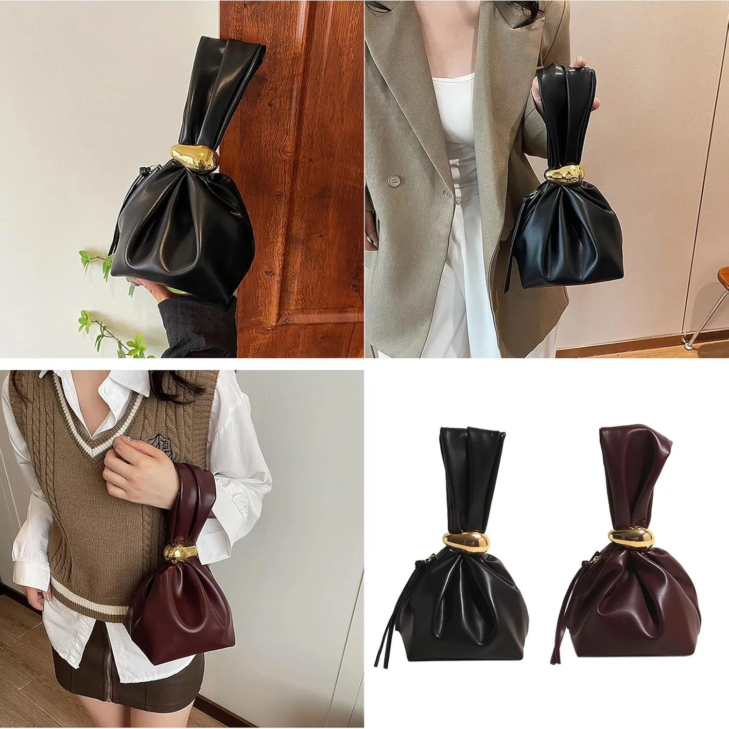 Elegant Retro Bucket Bag Women's Handbag With Wristlet Sleeve And Knots Detail Travel Friendly Evening Purse for PartY