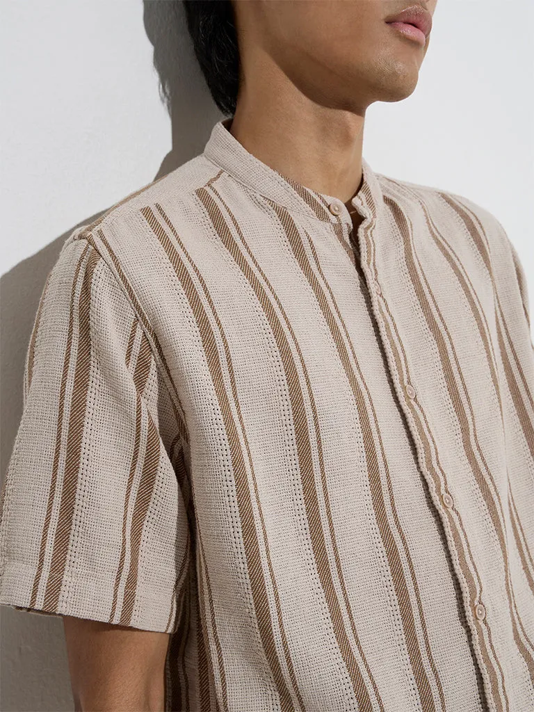 ETA Brown Stripe Printed Relaxed-Fit Cotton Shirt