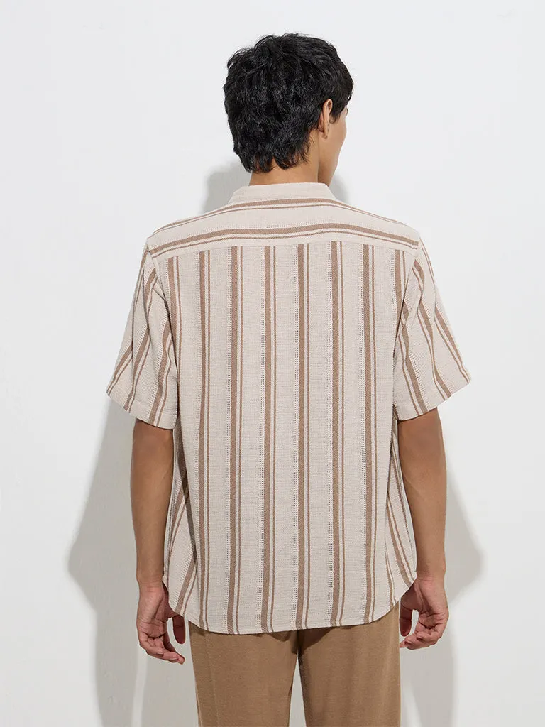 ETA Brown Stripe Printed Relaxed-Fit Cotton Shirt
