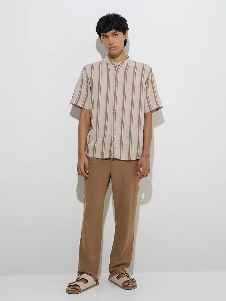 ETA Brown Stripe Printed Relaxed-Fit Cotton Shirt
