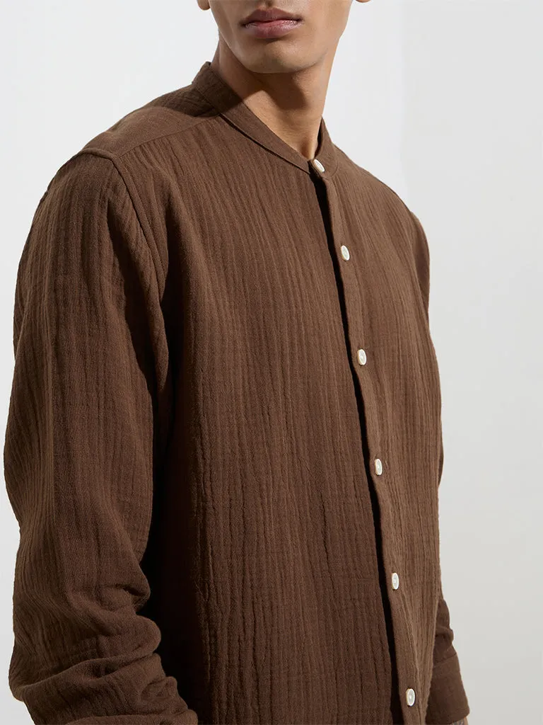 ETA Dark Brown Crinkle-Textured Relaxed-Fit Cotton Shirt