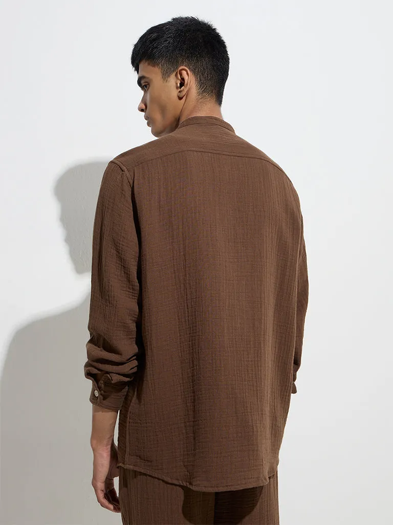 ETA Dark Brown Crinkle-Textured Relaxed-Fit Cotton Shirt