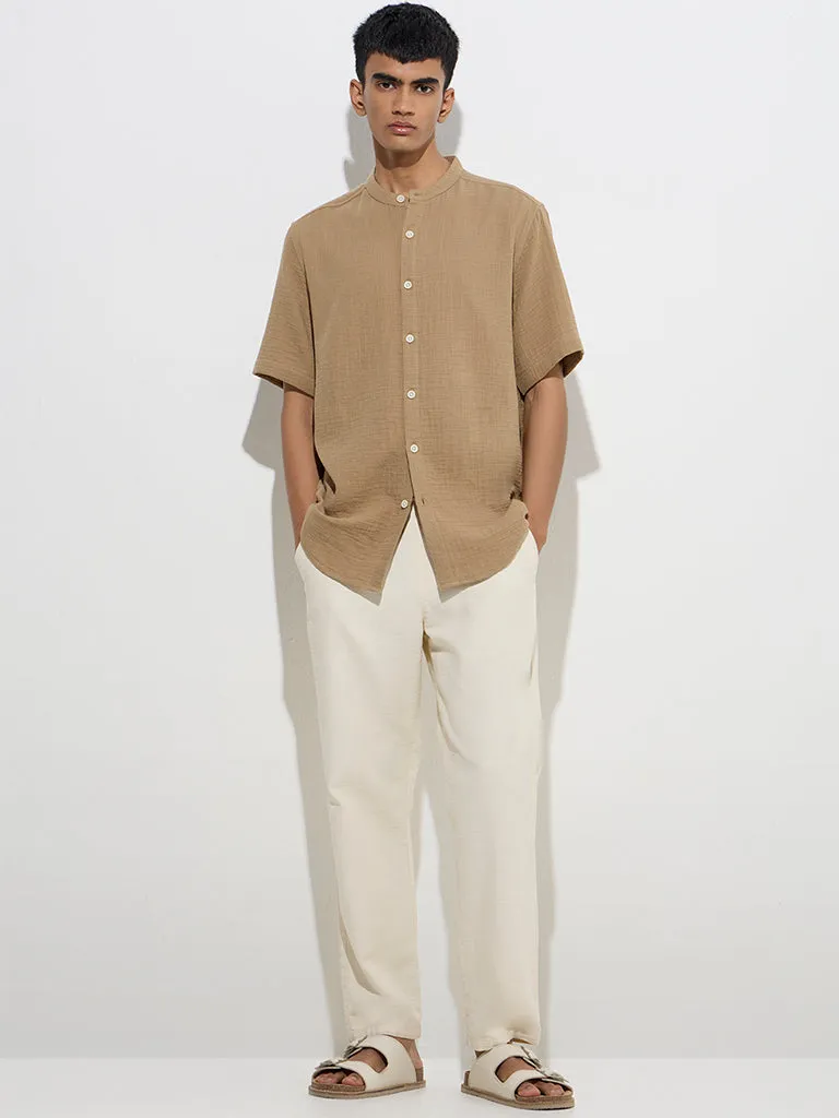 ETA Taupe Crinkle-Textured Relaxed-Fit Cotton Shirt