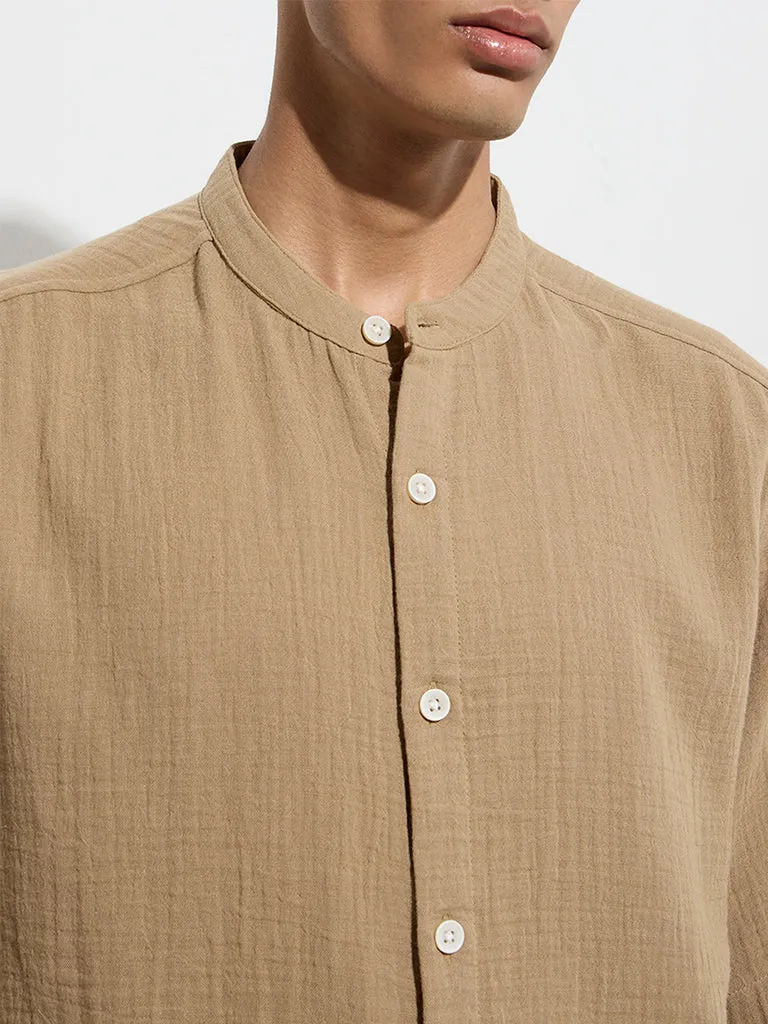 ETA Taupe Crinkle-Textured Relaxed-Fit Cotton Shirt