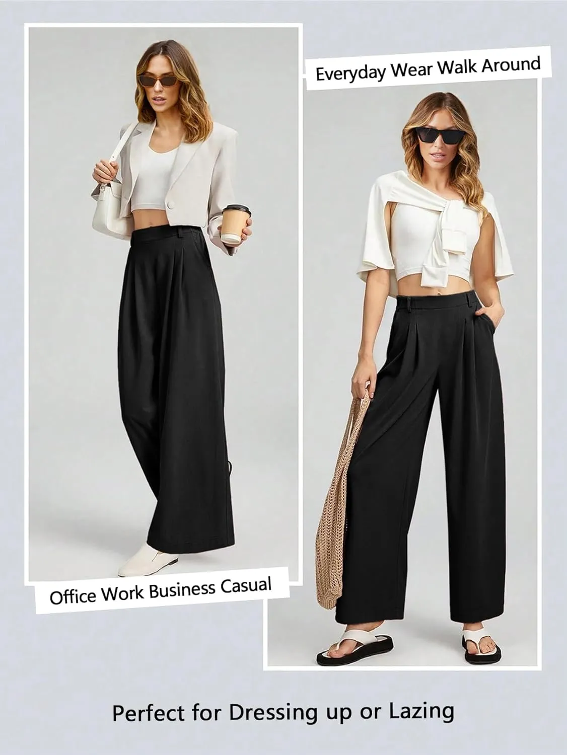 EVALESS Women's Wide Leg Pants Elastic High Waisted Waffle Knit Casual Palazzo Pants Trousers with Pockets