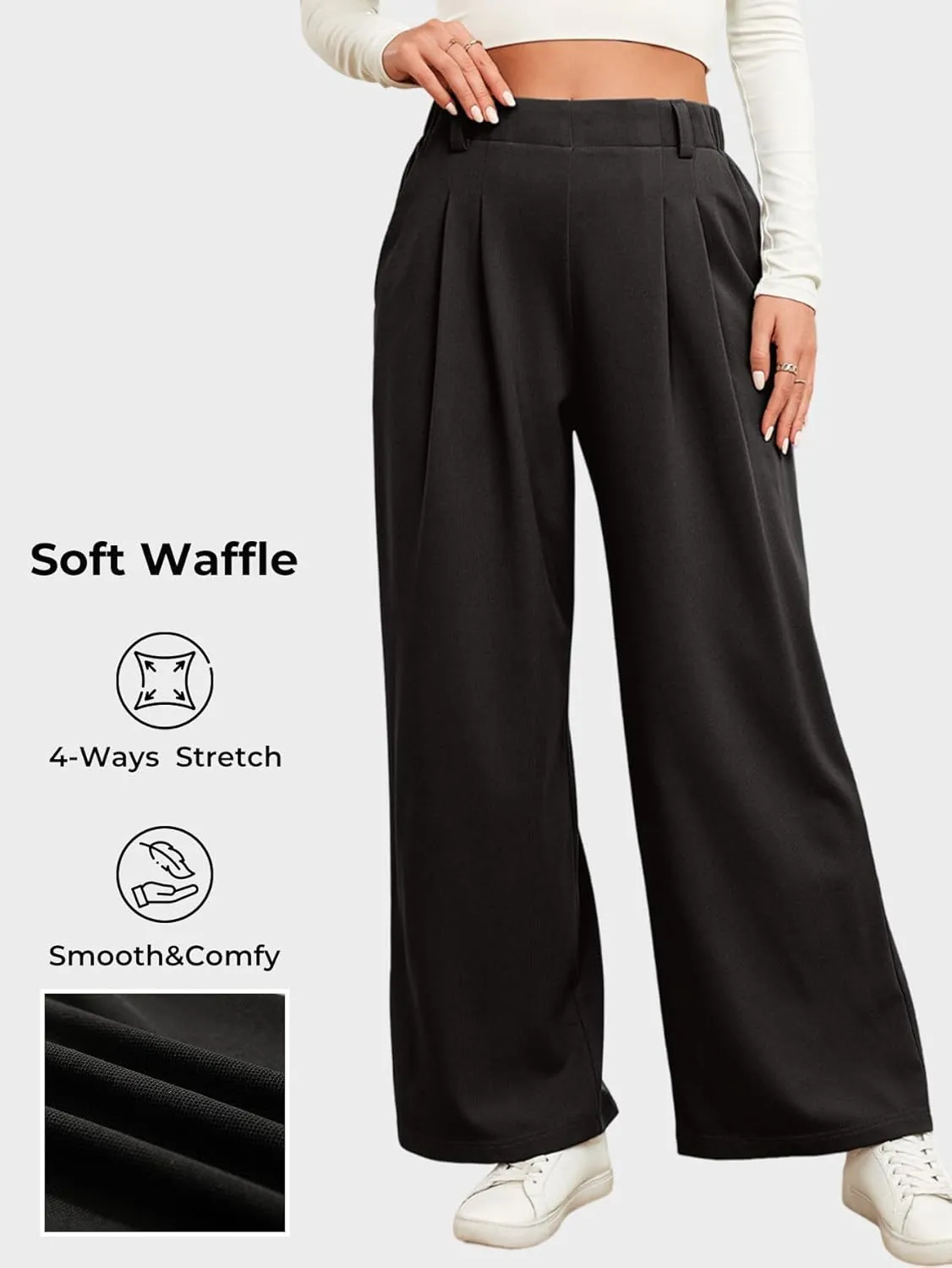 EVALESS Women's Wide Leg Pants Elastic High Waisted Waffle Knit Casual Palazzo Pants Trousers with Pockets