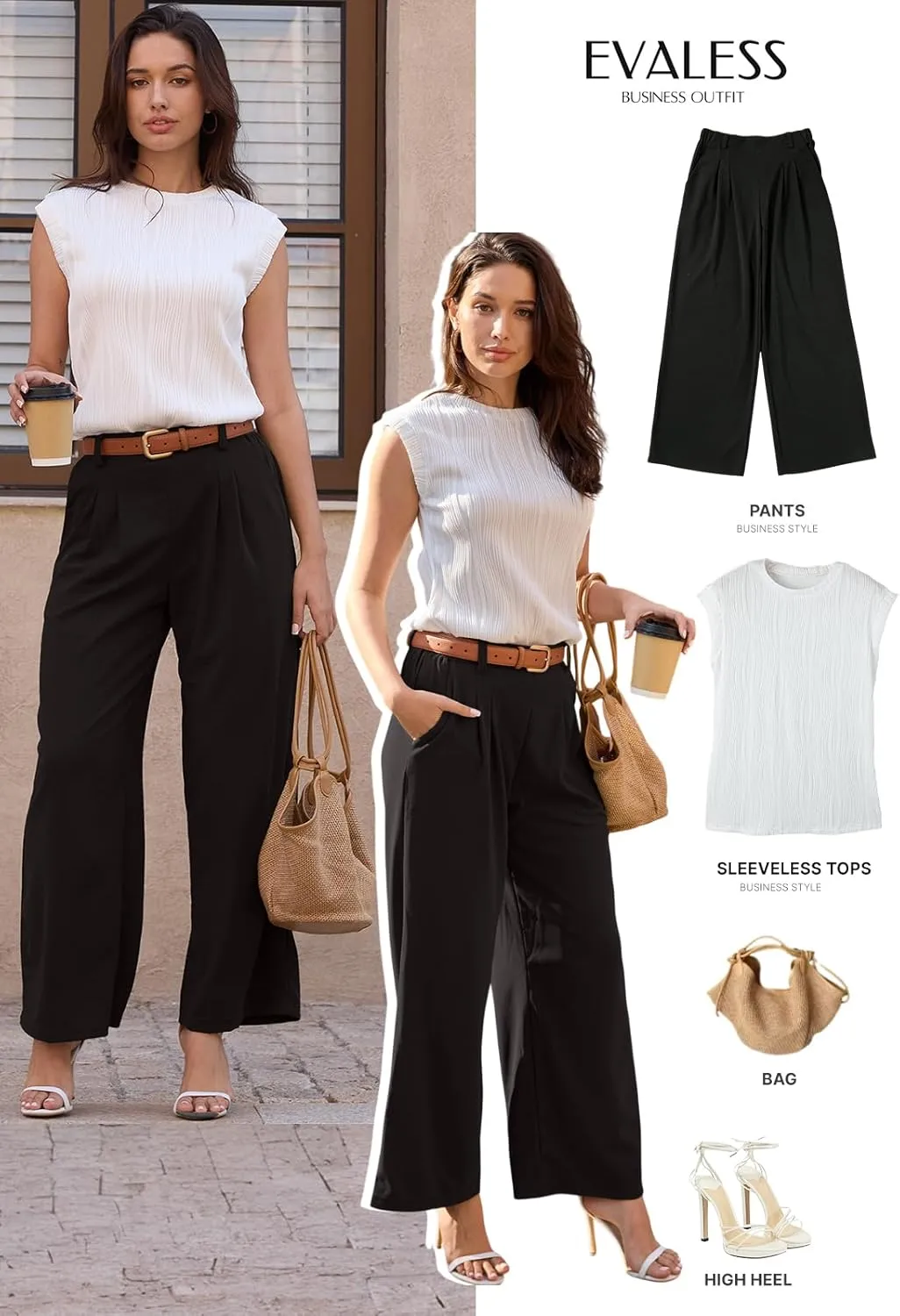 EVALESS Women's Wide Leg Pants Elastic High Waisted Waffle Knit Casual Palazzo Pants Trousers with Pockets