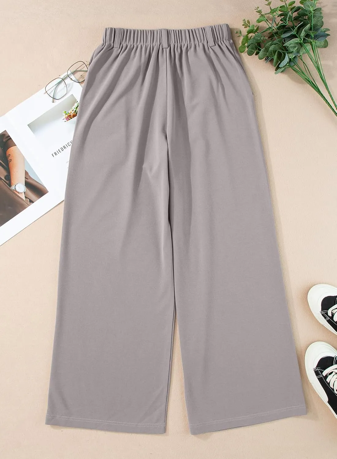 EVALESS Women's Wide Leg Pants Elastic High Waisted Waffle Knit Casual Palazzo Pants Trousers with Pockets